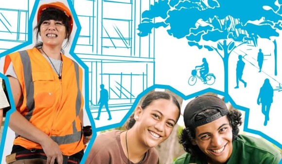 A collage-style image of people and families from around the region, against a background of sketches of buildings and silhouettes of people