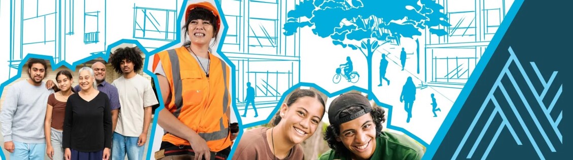 A collage-style image of people and families from around the region, against a background of sketches of buildings and silhouettes of people