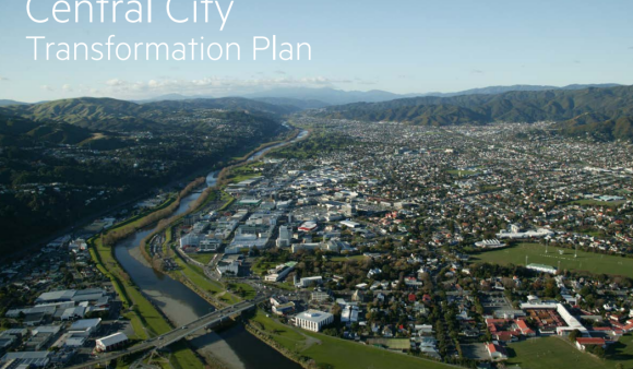 An aerial view of Lower Hutt and the words "Central City Transformation Plan"