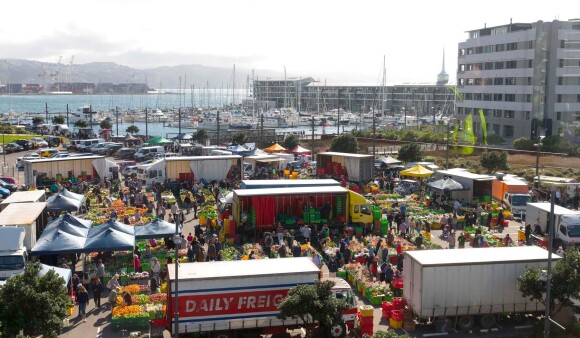Aerial view of a harbourside fruit and vegetable market