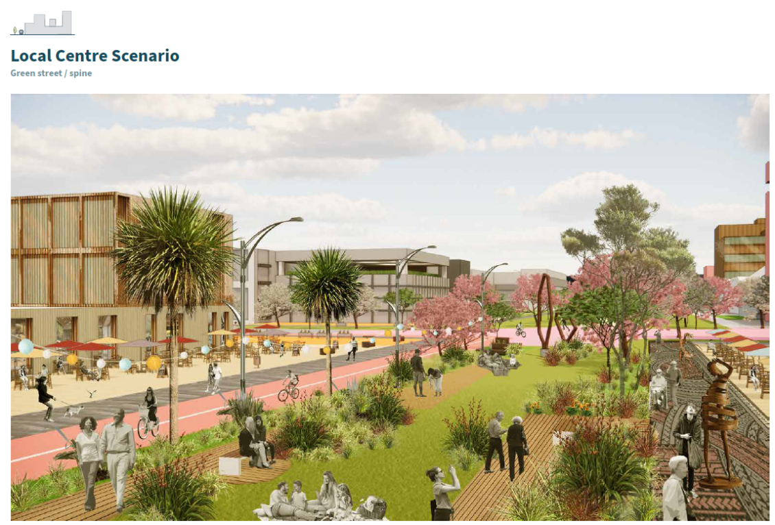 An artist's mockup showing a green street in a local centre scenario