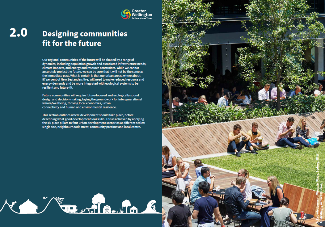 A crowded park/sitting area on a sunny day, and the first page of chapter 2 of the Urban Design Toolkit, "Designing communities fit for the future"