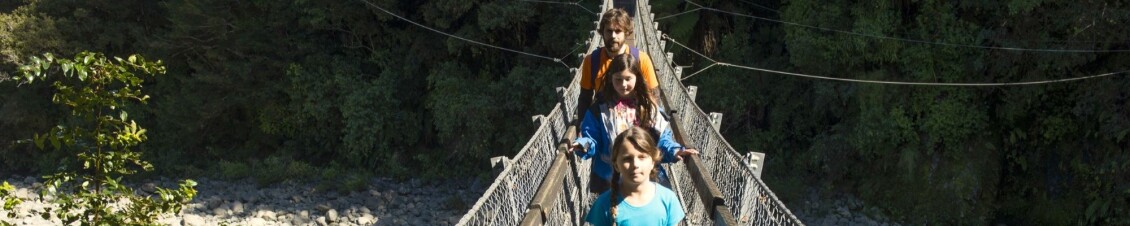 Three people walk across a bridge in a regional park