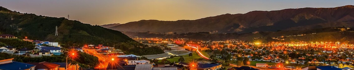 The Hutt in the evening, streetlights lit