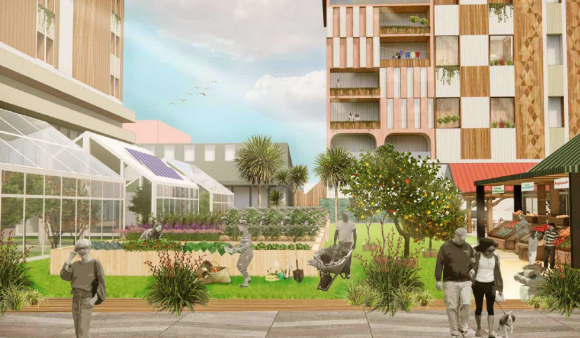 An artist's mockup showing urban agriculture in a local centre scenario