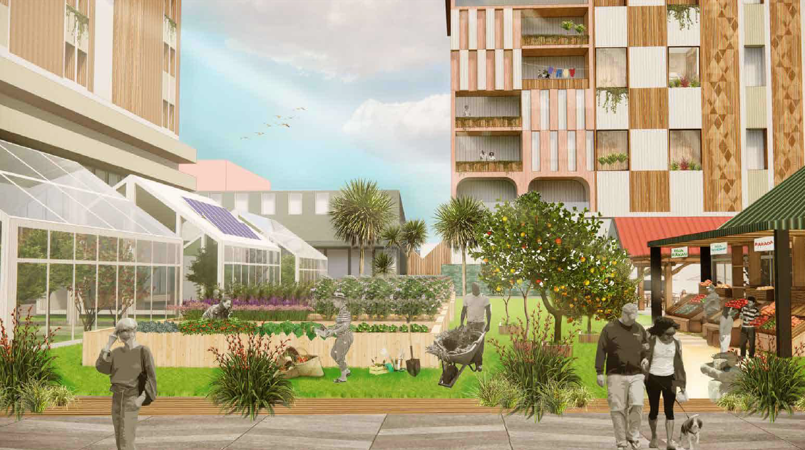 An artist's mockup showing urban agriculture in a local centre scenario